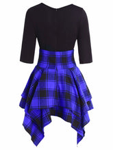 Lace Up Plaid Asymmetrical Dress O-Neck